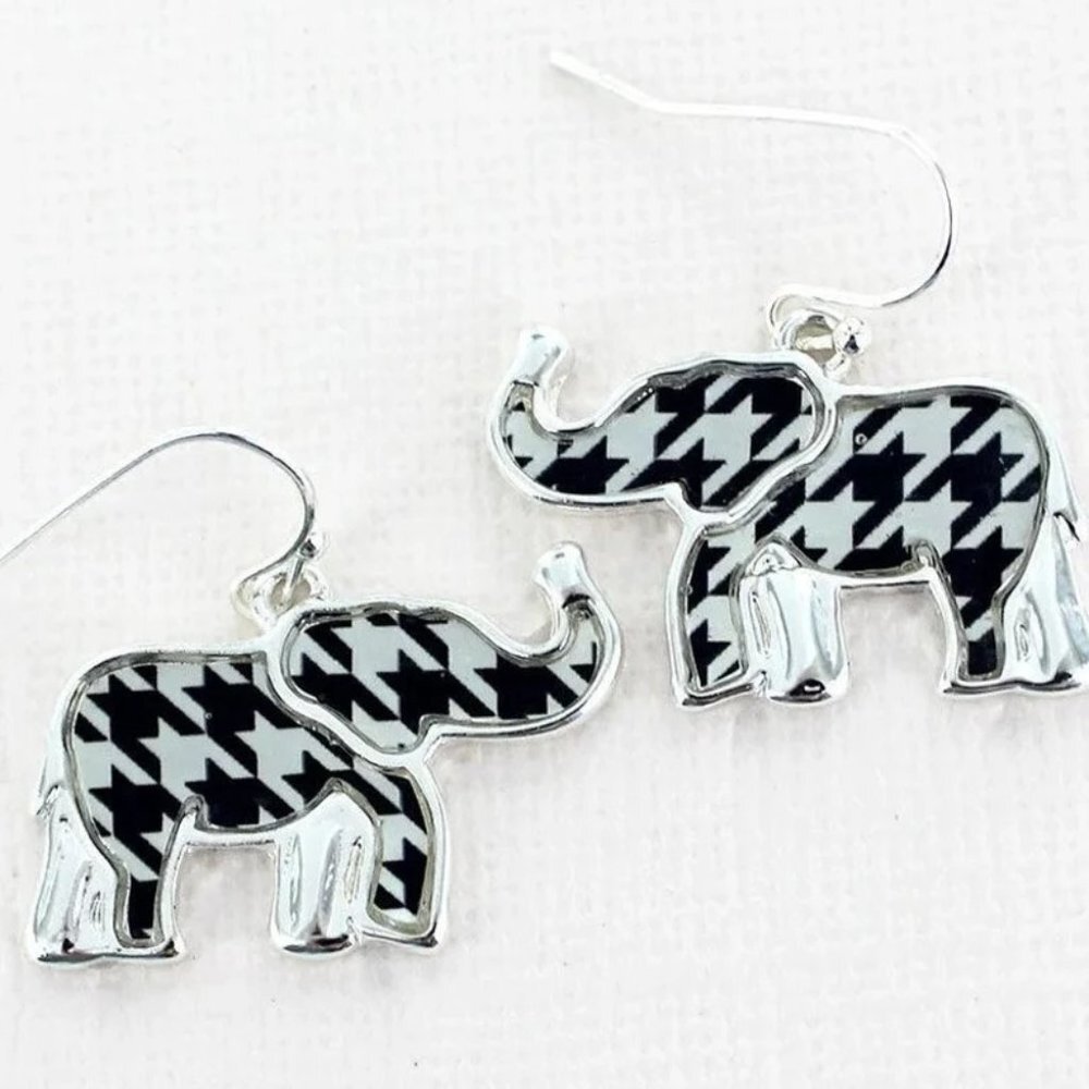 Black and White Houndstooth Elephant Earrings~Silver Elephant Earrings